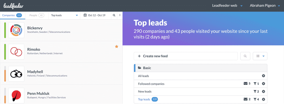 Screenshot of LeadFeeder a IP-marketing tool for B2B growth hackers