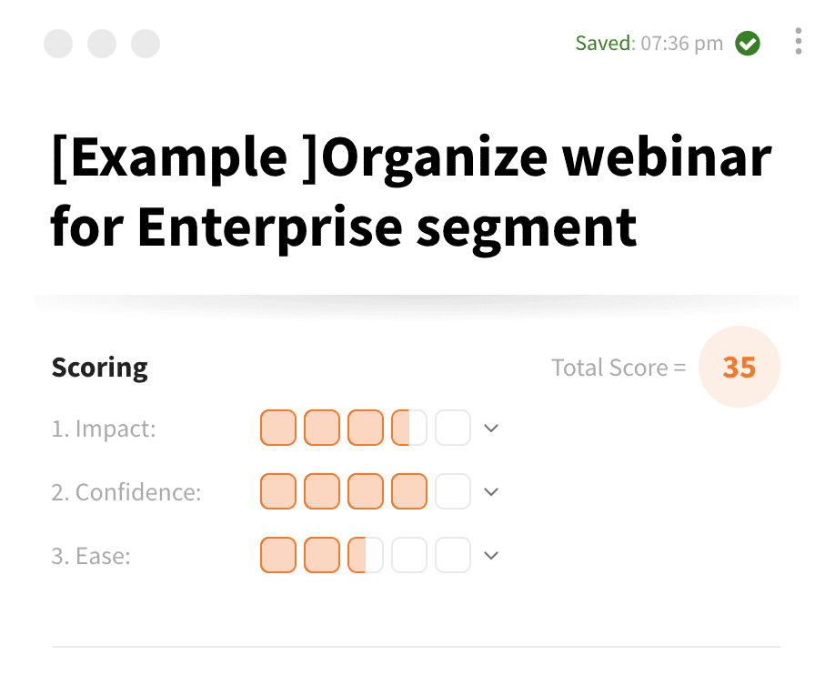 Example ICE score for scoring growth experiment ideas