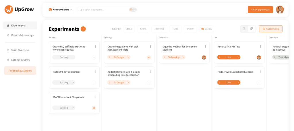 growth experiment template kanban