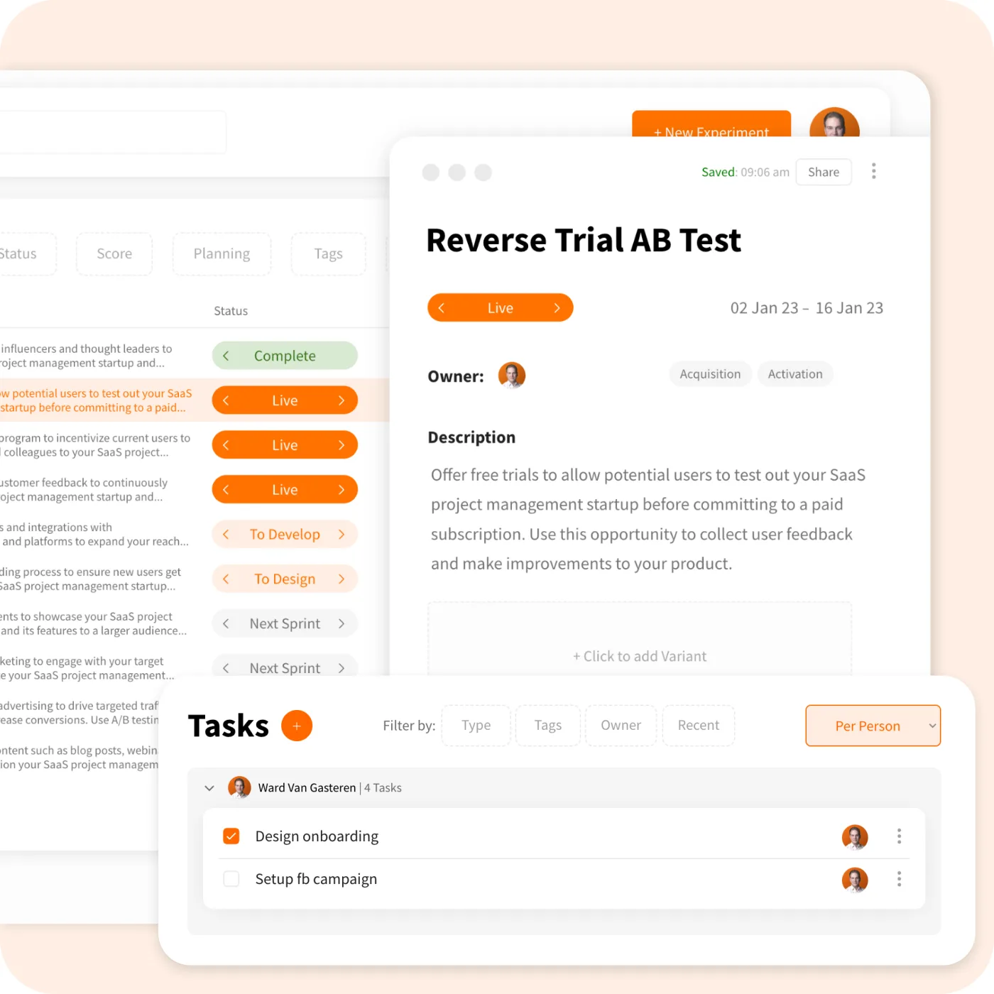 GrowthOrange dashboard screenshot showing growth experiments