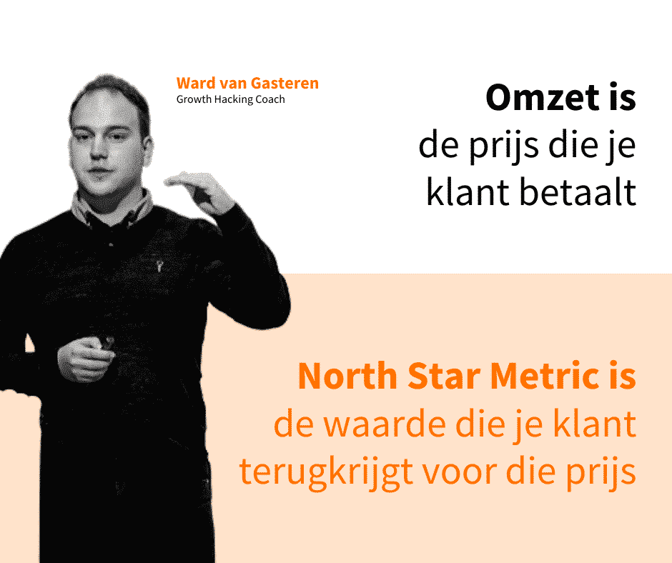Ward van Gasteren op het podium, naast de quote: omzet is de prijs die je klant betaalt; je North Star Metric is de waarde die je klant terugkrijgt voor die prijs.