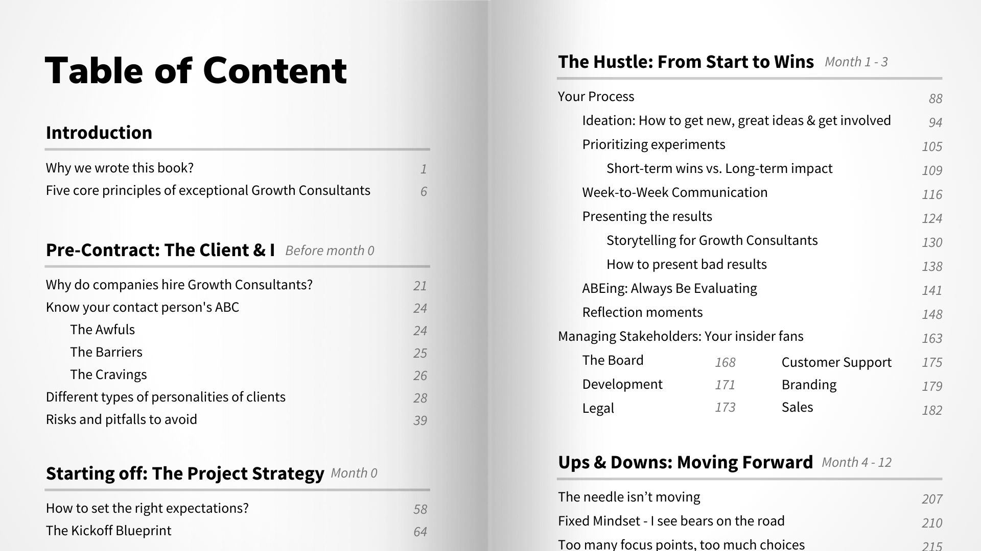 A page spread from Growing Happy Clients showing chapter content