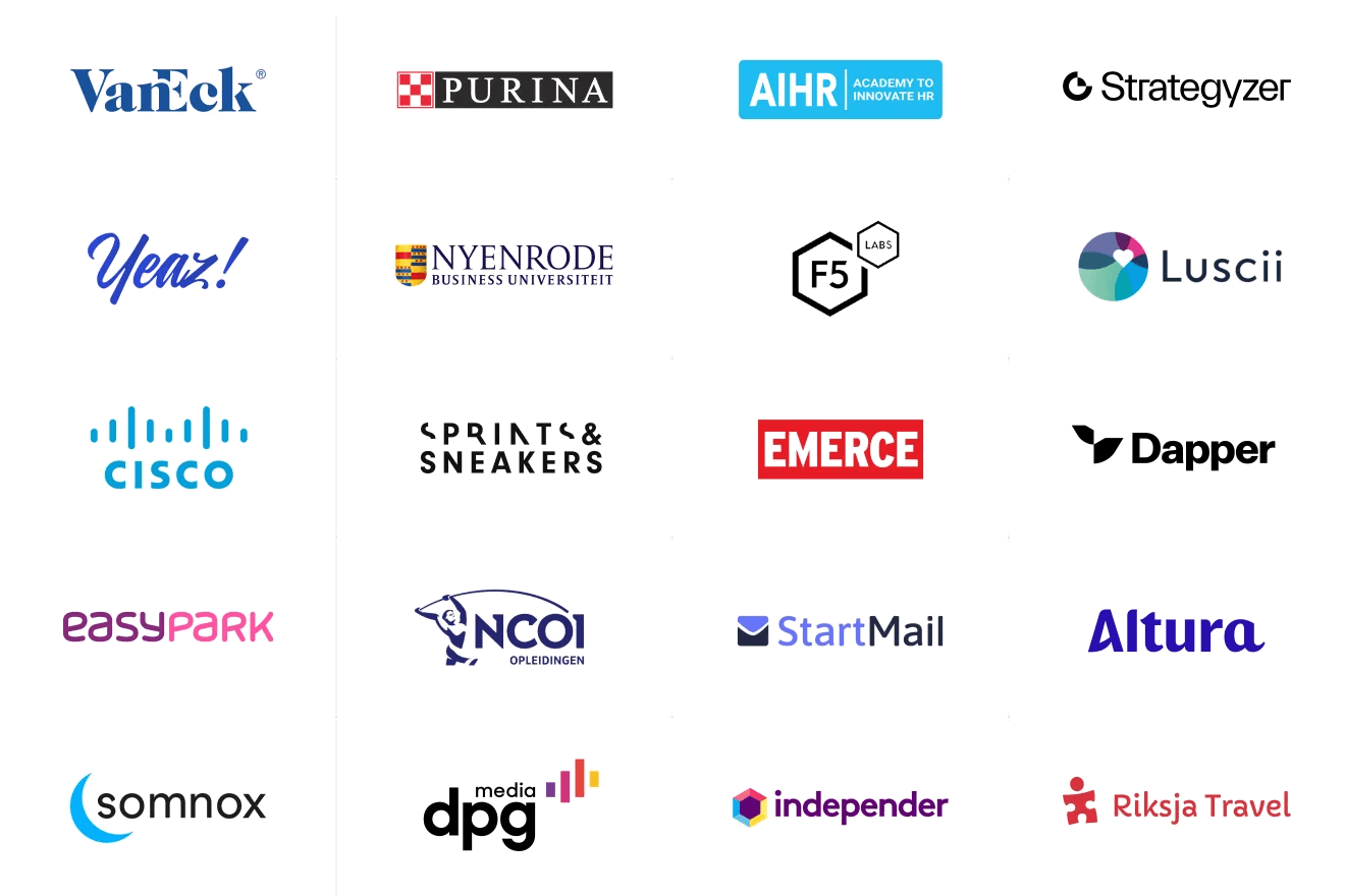 More client logos including VanEck, Purina, AIHR, Strategyzer, and more