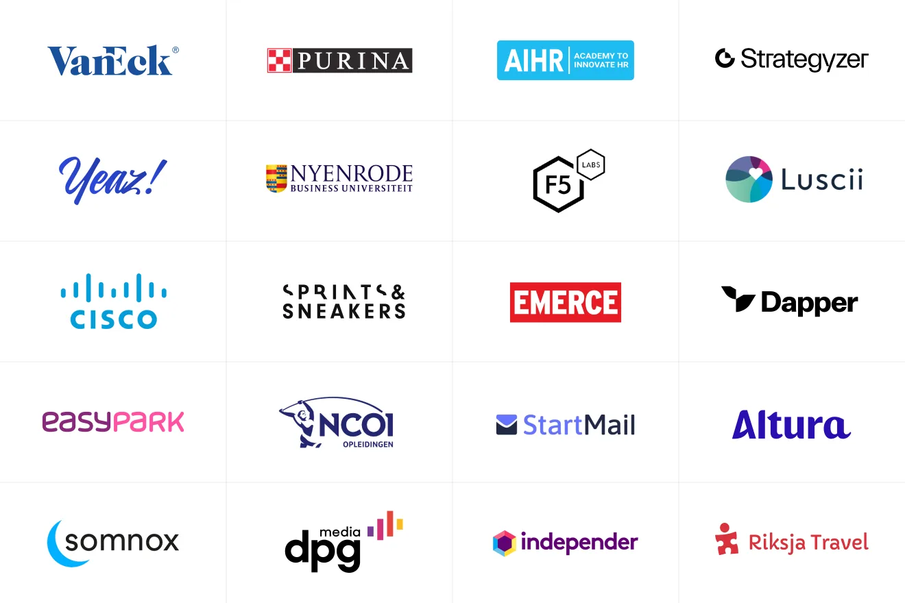 More client logos including VanEck, Purina, AIHR, Strategyzer, and more