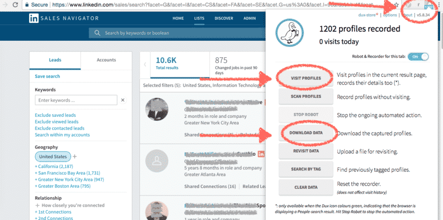 Screenshot Dux-Soup tool voor LinkedIn scrappen