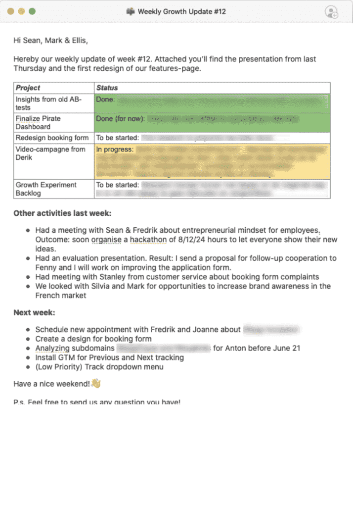 Example of a weekly Growth update to key stakeholders